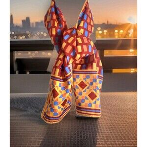 Retro Mod Orange blue red Gold hand rolled Geometric Long Poly Scarf 70s vibe